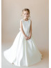 Ivory Lace Satin Open V Back Flower Girl Dress With Sweep Train